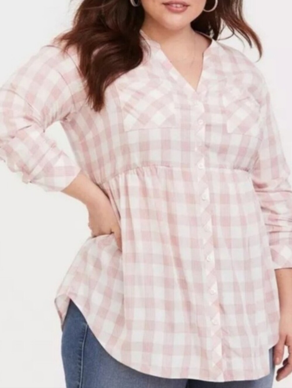 Torrid Plus-Size Light Pink Gingham Button-Down Peplum Shirt